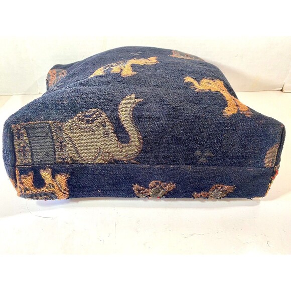 Large Elephant Tote Shopping Bag Black Woven Beaded India 15 x 13 Double Handle - Picture 3 of 3